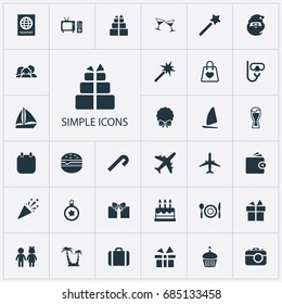 Vector Illustration Set Of Simple  Icons. Elements Ale Mug, Calendar, Aircraft And Other Synonyms Decoration, Entertaiment And Airplane.