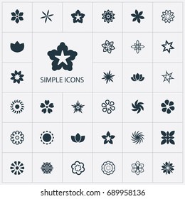 Vector Illustration Set Of Simple  Icons. Elements Stephanotis, Aster, Floret And Other Synonyms Daffodils, Cypress And Gerberas.