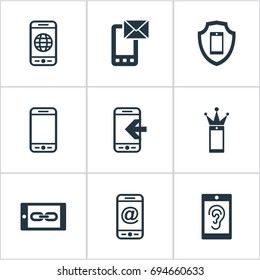 Vector Illustration Set Of Simple  Icons. Elements Inbounding, Smart Appliance, Worldwide Net And Other Synonyms Email, Royal And Menu.