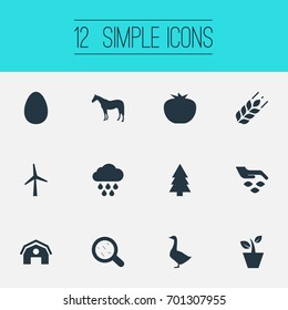 Vector Illustration Set Of Simple  Icons. Elements Bacteria, Easter, Turbine And Other Synonyms Rain, Hen And Spruce.