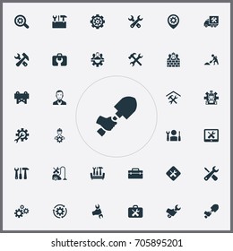 Vector Illustration Set Of Simple  Icons. Elements Caution, Van, Gear And Other Synonyms Magnifier, Vacuum And Case.