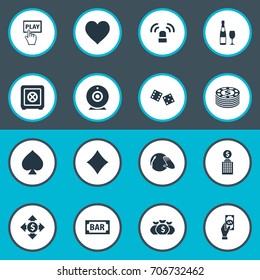 Vector Illustration Set Of Simple  Icons. Elements Gambling Cube, Video, Dollar Swap And Other Synonyms Bank, Protection And Champagne.
