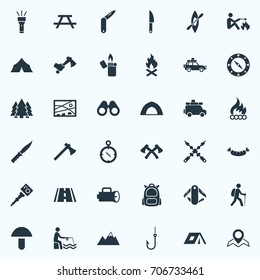 Vector Illustration Set Of Simple  Icons. Elements Fishing, Flame, Location And Other Synonyms Grilled, Compass And Hook.