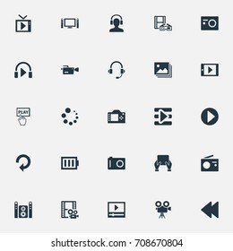 Vector Illustration Set Of Simple  Icons. Elements Begin, Television, Smartphone And Other Synonyms Movies, Playlist And Player.