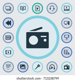 Vector Illustration Set Of Simple  Icons. Elements Charge, Music Listening, PC And Other Synonyms Personal, Earmuff And Charge.