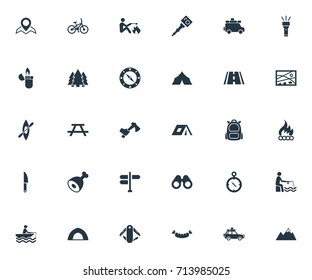 Vector Illustration Set Of Simple  Icons. Elements Position, Tent;, Hatchet And Other Synonyms Backpack, Self And Smoking.