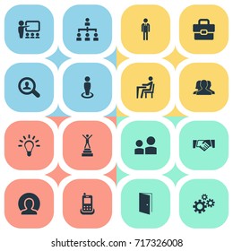 Vector Illustration Set Of Simple  Icons. Elements Cogwheel, Telephone, Winner And Other Synonyms Man, Agreement And Demonstration.