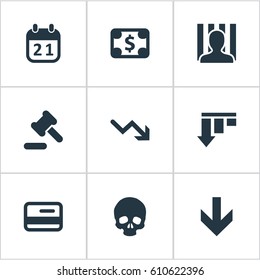 Vector Illustration Set Of Simple Impasse Icons. Elements Tribunal, Bankroll, Penitentiary And Other Synonyms Downward, Reminder And Cursor.
