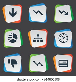 Vector Illustration Set Of Simple Impasse Icons. Elements Net, Graph Decreases, Finger Below And Other Synonyms Chart, Net And Graph.