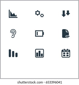 Vector Illustration Set Of Simple Impasse Icons. Elements Charge, Descending, Perception And Other Synonyms Diagram, Wheel And Battery.