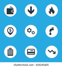 Vector Illustration Set Of Simple Impasse Icons. Elements Envoirement, Plastic Card, Atm Point And Other Synonyms Arrow, Card And Skyscraper.