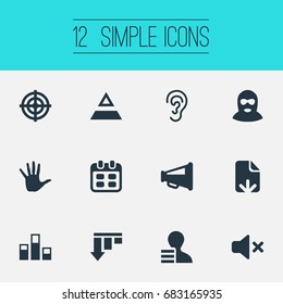 Vector Illustration Set Of Simple Impasse Icons. Elements Aim, Palm, Reminder And Other Synonyms Speaker, Work And Off.