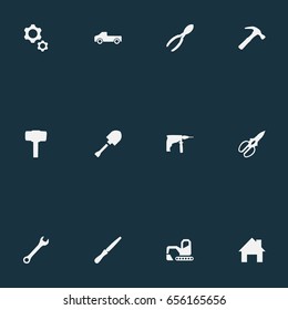 Vector Illustration Set Of Simple Industrial Icons. Elements Digger, Clippers, Transportation And Other Synonyms Nippers, Screwdriver And Gears.