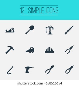 Vector Illustration Set Of Simple Industrial Icons. Elements Spade, Pliers, Cutters And Other Synonyms Instrument, Tool And Clipping.