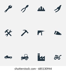Vector Illustration Set Of Simple Industrial Icons. Elements Transportation, Helmet, Hammer And Other Synonyms Hand, Tractor And Factory.
