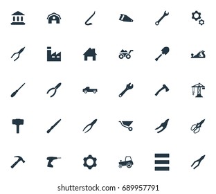 Vector Illustration Set Of Simple Industrial Icons. Elements Transportation, Pliers, Clamping Instrument And Other Synonyms Machine, Construction And Clipping.