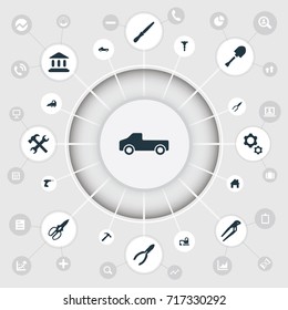 Vector Illustration Set Of Simple Industrial Icons. Elements Digger, Transportation, Adjustable Wrench And Other Synonyms Academy, Bulldozer And Repair.