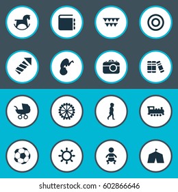 Vector Illustration Set Of Simple Infant Icons. Elements Kid, Board, Stroller And Other Synonyms Bookshop, Pram And Library.