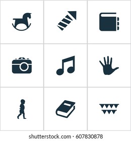 Vector Illustration Set Of Simple Infant Icons. Elements Sparkler, Palm, Melody And Other Synonyms Firework, Carnaval And Horse.