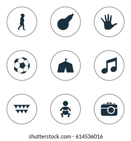 Vector Illustration Set Of Simple Infant Icons. Elements Melody, Festival, Camera And Other Synonyms Palm, Enema And Step.