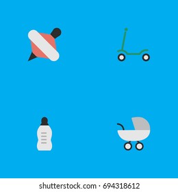 Vector Illustration Set Of Simple Infant Icons. Elements Stroller, Vial, Yule And Other Synonyms Bottle, Moped And Milk.