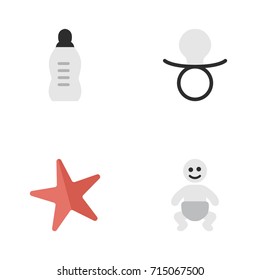 Vector Illustration Set Of Simple Infant Icons. Elements Child, Vial, Toy And Other Synonyms Bottle, Baby And Child.