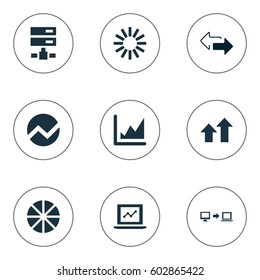 Vector Illustration Set Of Simple Information Icons. Elements Double Arrow, Spreading Chart, Increase And Other Synonyms Analytics, Arrows Up And Spread.