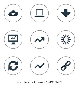 Vector Illustration Set Of Simple Information Icons. Elements Chain, Refresh, Notebook And Other Synonyms Down, Arrow And Financial.