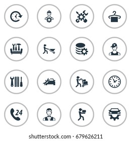 Vector Illustration Set Of Simple Information Icons. Elements Period, Call Center, Car Workshop And Other Synonyms Call, Technician And Courier.