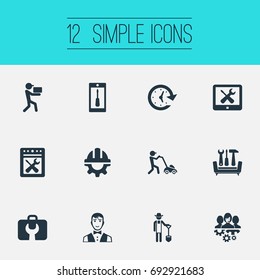 Vector Illustration Set Of Simple Information Icons. Elements Vehicle Mend, Telephone Setting, Tools And Other Synonyms Farmer, Team And Professional.