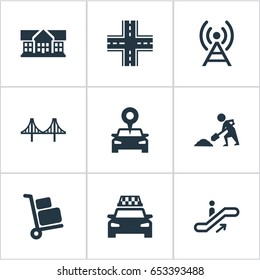 Vector Illustration Set Of Simple Infrastructure Icons. Elements Connection, Passenger Transportation, Airport Cart And Other Synonyms Transmitter, Rope And Intersection.