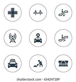 Vector Illustration Set Of Simple Infrastructure Icons. Elements Signal Transmitter, Staircase, Passenger Transportation And Other Synonyms Connection, Under And Crossroad.