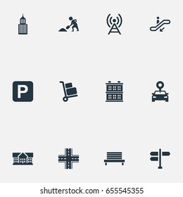 Vector Illustration Set Of Simple Infrastructure Icons. Elements Manufacture, Signal Transmitter, Digging Worker And Other Synonyms Area, Seat And Direction.