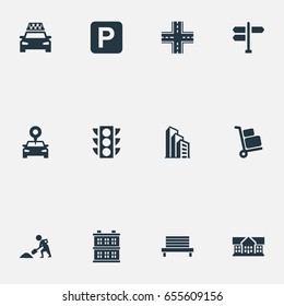 Vector Illustration Set Of Simple Infrastructure Icons. Elements Car Park, School, Semaphore And Other Synonyms Signpost, Skyscraper And Navigation.