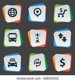 Vector Illustration Set Of Simple Infrastructure Icons. Elements City Bus, International, Opposite Arrows And Other Synonyms Public, Workshop And Reverse.