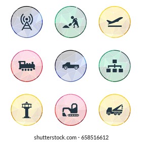 Vector Illustration Set Of Simple Infrastructure Icons. Elements Airport, Suv, Reconstruction And Other Synonyms Locomotive, Airport And Train.