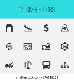 Vector Illustration Set Of Simple Infrastructure Icons. Elements Development Scheme, Auto Service, Bulldozer And Other Synonyms Equipment, Programming And Bus.