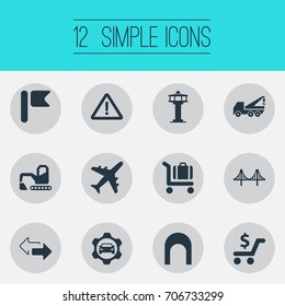 Vector Illustration Set Of Simple Infrastructure Icons. Elements Car Workshop, Warning, Shopping And Other Synonyms Airport, Sign And Rope.