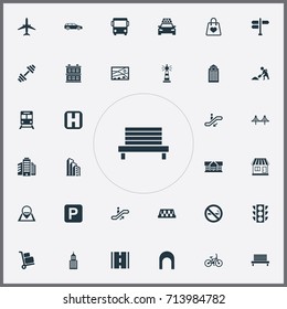 Vector Illustration Set Of Simple Infrastructure Icons. Elements Park Seat, Kiosk, School And Other Synonyms Kiosk, Location And Aircraft.