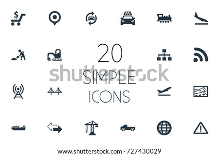 Vector Illustration Set Of Simple Infrastructure Icons. Elements Cargo Shipping, Construction Crane, Reverse Directions And Other Synonyms Reconstruction, Hoisting And Rail.