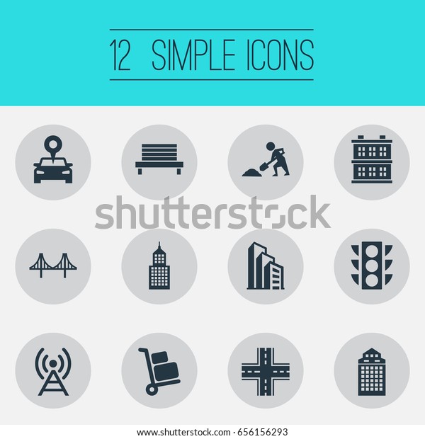 Vector Illustration Set Of Simple\
Infrastructure Icons. Elements Signal Transmitter, Manufacture,\
Location And Other Synonyms Crossroad, Rope And\
Luggage.