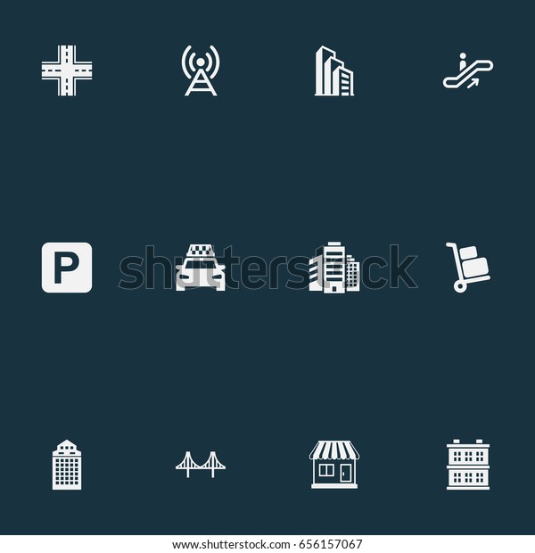 Vector Illustration Set Of\
Simple Infrastructure Icons. Elements Cityscape, Connection,\
Skyscraper And Other Synonyms Skyscraper, Intersection And\
Escalator.