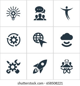 Vector Illustration Set Of Simple Innovation Icons. Elements Choose, Freedom, Bulb And Other Synonyms Physicist, Setting And Team.