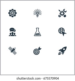 Vector Illustration Set Of Simple Innovation Icons. Elements Bulb, Missile, Flask And Other Synonyms Renovation, Mend And Sputnik.