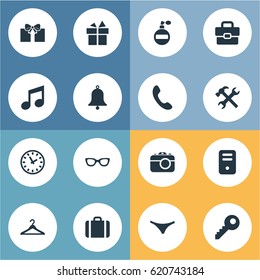 Vector Illustration Set Of Simple Instrument Icons. Elements Digital Camera, Underwear, Eyeglasses And Other Synonyms Handbag, Time And Spectacles.