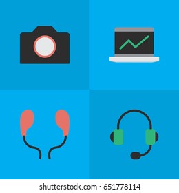 Vector Illustration Set Of Simple Instrument Icons. Elements Photo Apparatus, Notebook, Microphone And Other Synonyms Earphone, Microphone And Screen.