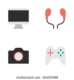 Vector Illustration Set Of Simple Instrument Icons. Elements Screen, Photo Apparatus, Earphone And Other Synonyms Earphone, Screen And Camera.