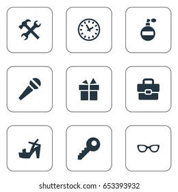 Vector Illustration Set Of Simple Instrument Icons. Elements Password, Microphone, High Heels And Other Synonyms Keyhole, Handbag And Deodorant.