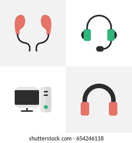 Vector Illustration Set Of Simple Instrument Icons. Elements Headphone, Earphone, Microphone And Other Synonyms PC, Microphone And Headset.