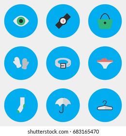 Vector Illustration Set Of Simple Instrument Icons. Elements Mitten, Woman Bag, Sock And Other Synonyms Underwear, Waist And Umbrella.